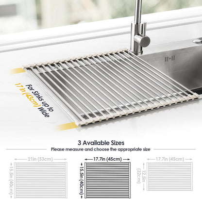 Tomorotec 17.7" x 15.5" Roll Up Dish Drying Rack Over Sink Drying Rack Sink Cover Kitchen Sink Accessories Gadget Multipurpose Organizer Foldable Stainless Steel Drainer
