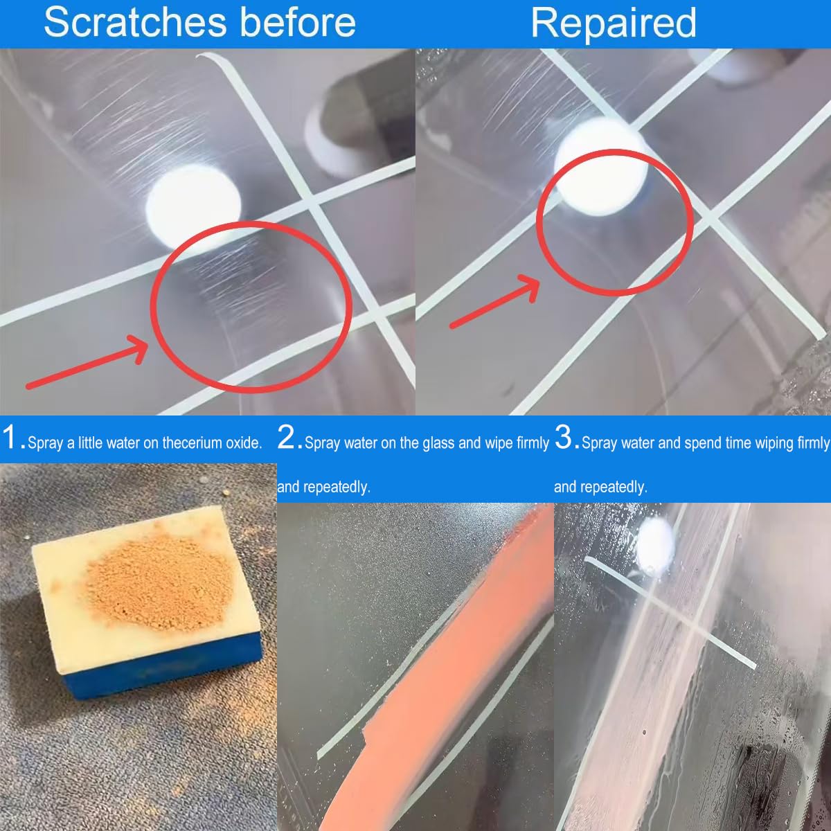 Cerium Oxide Glass Polishing Kit – Multifunctional Light Scratch Remover & Oil Film/Stain Cleaner for Windscreen and Glass Repair. Effectively Removes Oil Films, Stubborn Stains