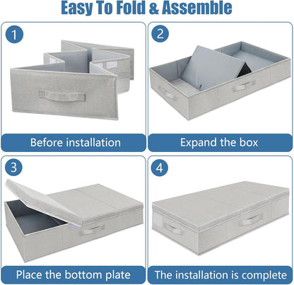 Underbed Storage Containers Bin with Lids, Large Under Bed Storage Organizer Box with Handle, Foldable Under the Storage Bags for Organizing Clothes, Shoes, Blankets, Pillows