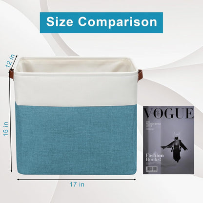 Large Fabric Storage Baskets | 50L Storage Bins, Decorative Linen Closet Baskets with Handles for Organizing, Shelf, Toys, Clothes, Home, Office, Nursery, 17x12x15Inches (Teal&White)
