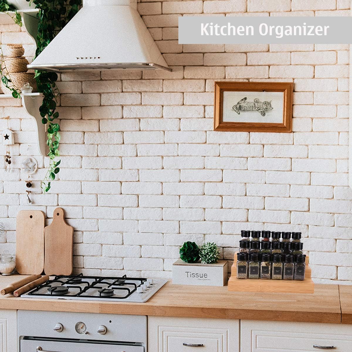 Step Spice Rack Set Cabinet Shelf Spice Holder, 3-Tier Bamboo Spice Organizers for Cabinet/Pantry/Cupboard/Countertop, Step Display Rack for Toy Suitable for Home/Office, 2 Pack Step Rack