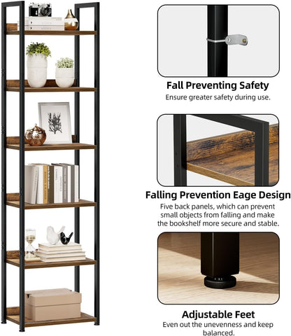 NUMENN Narrow Bookshelf, 6 Tier Bookshelves, Home Office Bookcase Shelf Storage Organizer, Free Standing Storage Shelving Unit for Bedroom, Living Room and Home Office, Vintage
