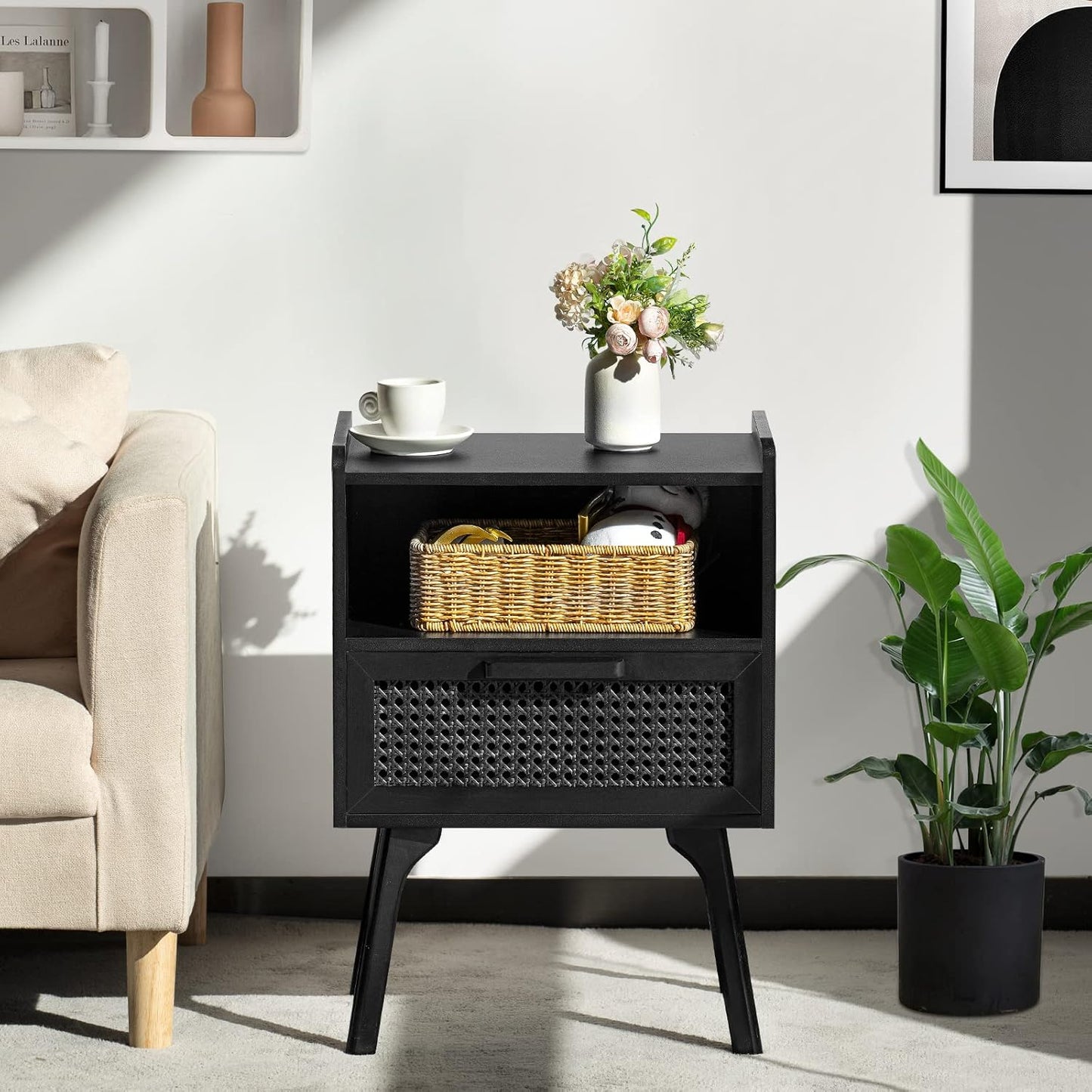 Lerliuo Rattan Nightstand, Side Table with Drawer Open Shelf, Cane Accent Bedside End Table with Solid Wood Legs, Mid Century Modern Night Stand for Bedroom, Dorm and Small Spaces (Black)