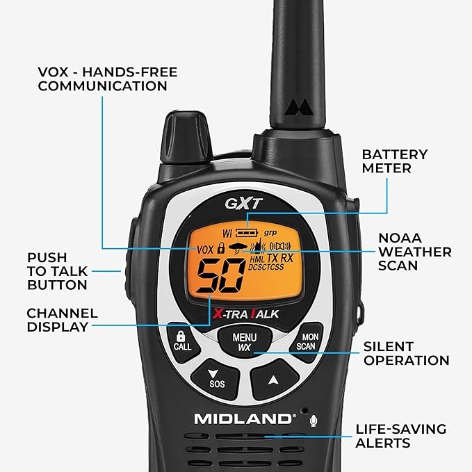 Midland GXT1000VP4 GMRS Two-Way Radio (50-Channel, Long Range, 142 Privacy Codes, SOS, NOAA, Rechargeable Nickle Battery, Black/Silver, 2-Pack)