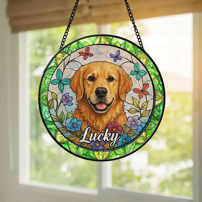 Custom Dog Suncatcher with Pet Name, Personalized Stained Glass Window Hanging Art, Unique Memorial Gift for Dog Lovers, Pet Remembrance Keepsake, Decorative Home Window Ornament