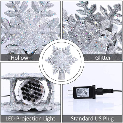 OurWarm Christmas Tree Topper Lighted with LED Rotating Silver Snowflake Decorations Projector Silver Snow Tree Topper Night Light Projector for Indoor Outdoor Christmas Tree Decorations