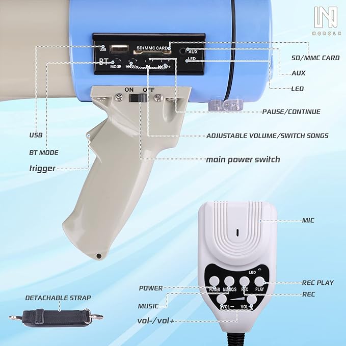 50 Watt Professional Bluetooth Megaphone Bullhorn Speaker with Rechargeable Battery & Portable Strap - Siren and Recording - USB/SD/AUX Input - for Police, Cheerleading, Outdoor