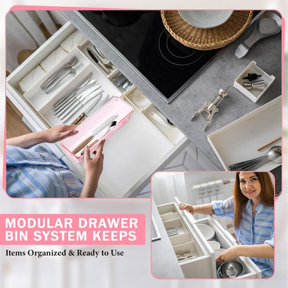 Maitys 12 Pcs Vanity Drawer Organizer 9 x 3 x 2 Inches Clear Plastic Utensil Organizers Kitchen Drawers Dividers for Office Desk Silverware Kitchen Utensils Cosmetics and Bathrooms(Pink)