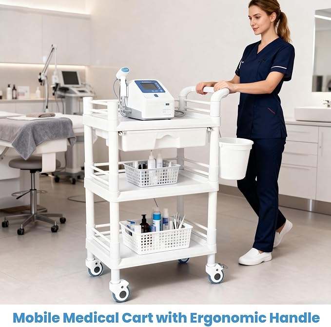 Mobile Medical Trolley 3 Tier Rolling Utility Cart with Dirt Bucket & Drawer, Beauty Salon Cart for Spa Tattoo Waxing, Esthetician Carts for Salon Hospital Dental Clinic Home, Postpartum Cart
