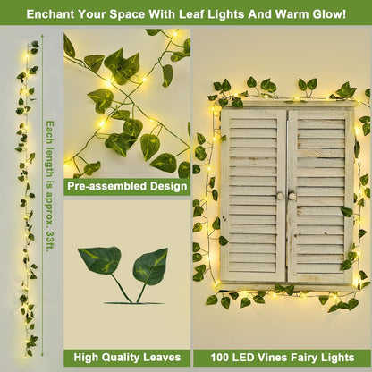 JMEXSUSS 33Ft Vines with Lights Battery Operated, 100 LED Pothos Leaf Vine Lights for Bedroom Wall Room Party Wedding Decoration (Warm White)