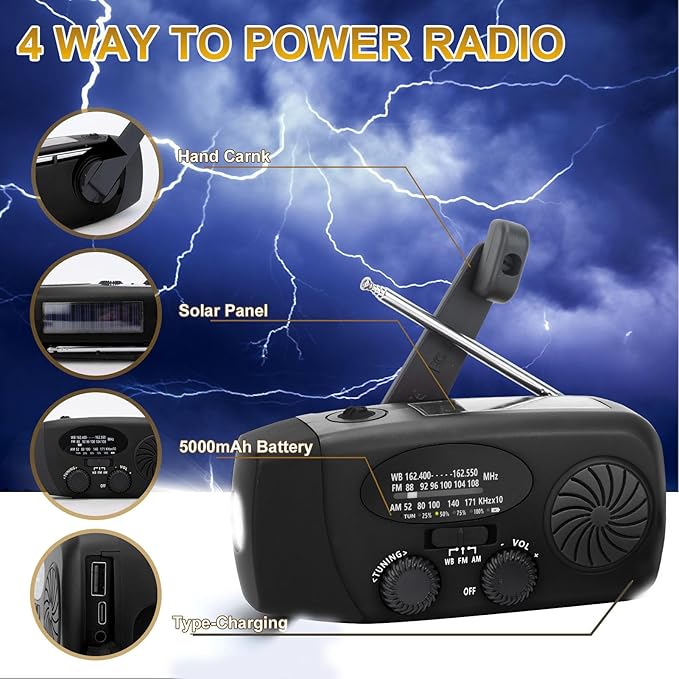 Solar Hand Crank Radio, 6000mAh Portable Emergency FM AM WB Weather Radio with LED Flashlight for Home Outdoor (Black)