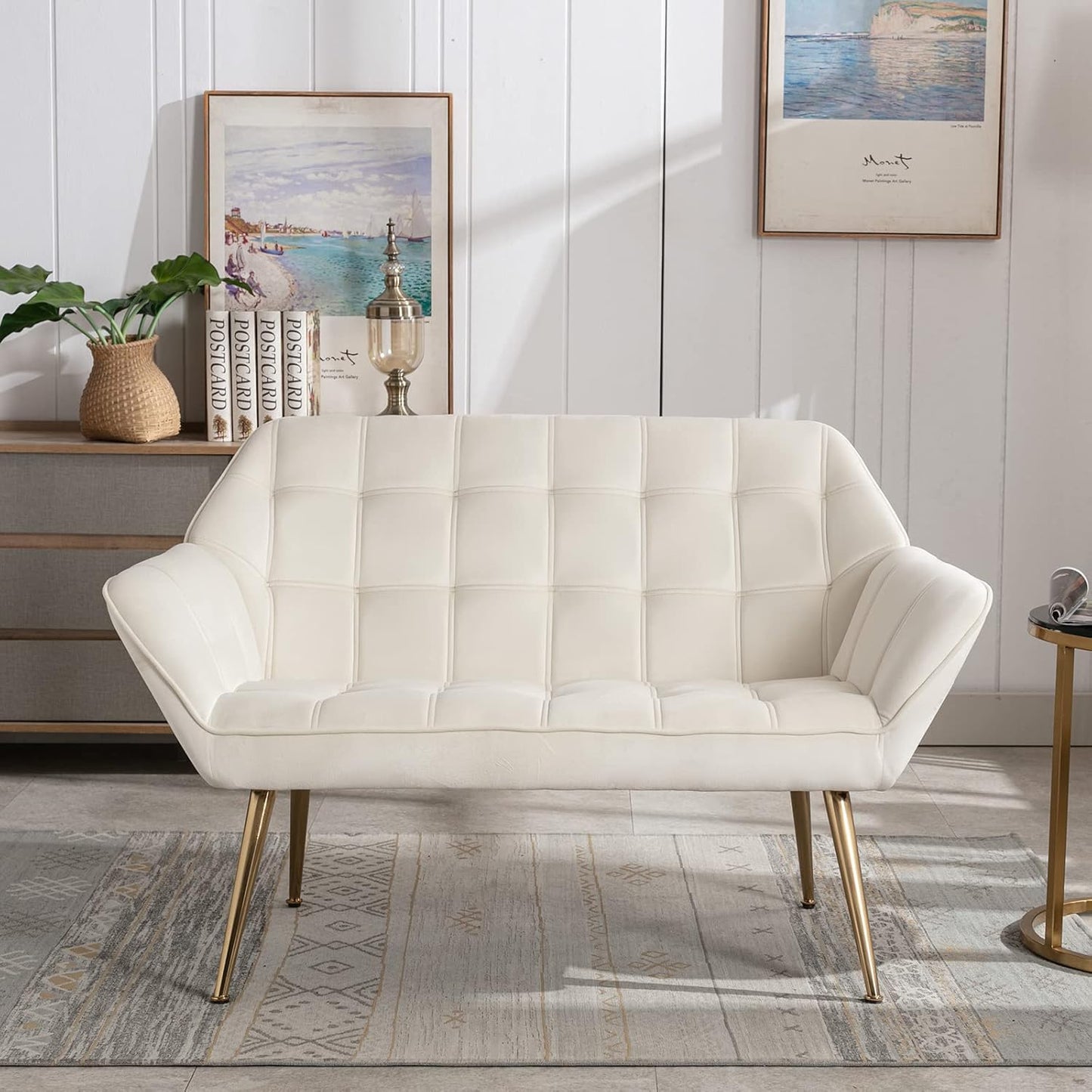 48" Small Loveseat for Small Spaces, Modern Sherpa Mini Sofa Couch 2-Seater Velvet Love Seat with Quilting Back and Gold Legs for Living Room/Bedroom, Cream