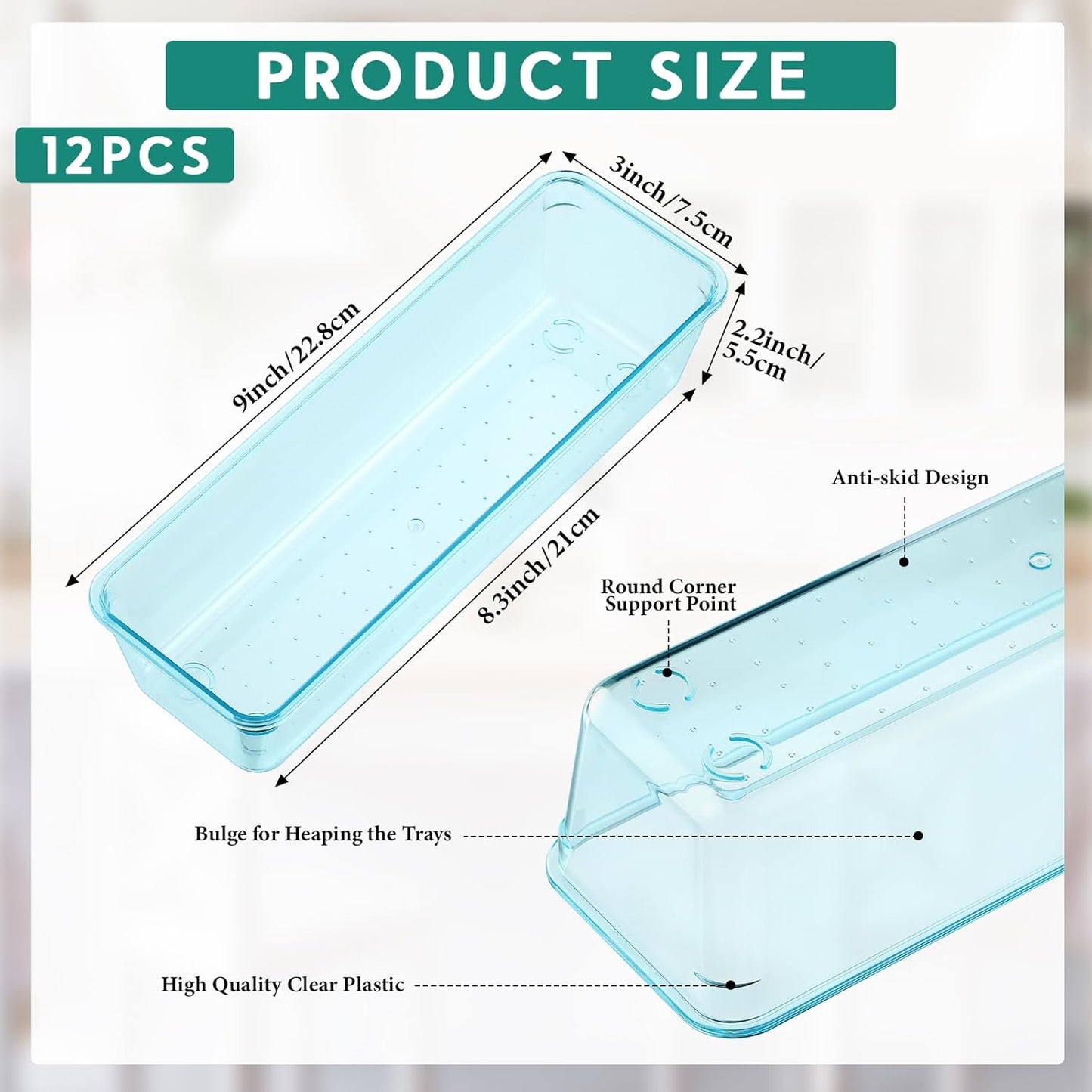 Maitys 12 Pcs Vanity Drawer Organizer 9 x 3 x 2 Inches Clear Plastic Utensil Organizers Kitchen Drawers Dividers for Office Desk Silverware Kitchen Utensils Cosmetics and Bathrooms(Blue)