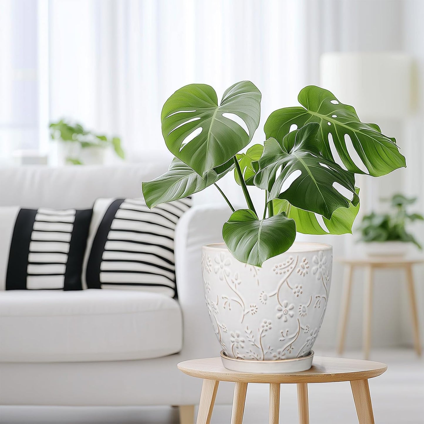 8 Inch Ceramic Pots for Plants Large Planter Pot with Drainage Hole and Saucer Round Flower Pot for Indoor Outdoor Decor, White