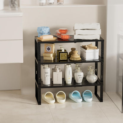 Expandable Spice Rack,Stackable Storage for Cabinet, Multi-Functional Kitchen Shelving,Height-Adjustable,Sustainable Organizer Solution(3Packs/Black/Large)