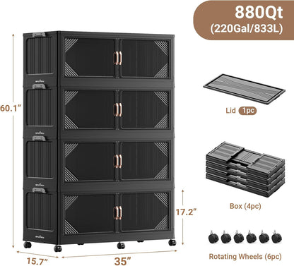 220Gal Plastic Stackable Storage Bins with Lid, 880QT Extra Large Closet Organizers Collapsible Cabinets Boxes With Drawers, Foldable Containers with 6x Wheels for Home Kitchen, V60 4Pack Black