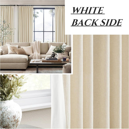 Light Beige 100% Blackout Curtains for Office at Home/Playroom/Classroom, Noise Cancelling Thermal Curtains 90 Inch Length 2 Panels Set Neutral Modern Window Faux Linen Pinch Pleated Drapes(40x90)