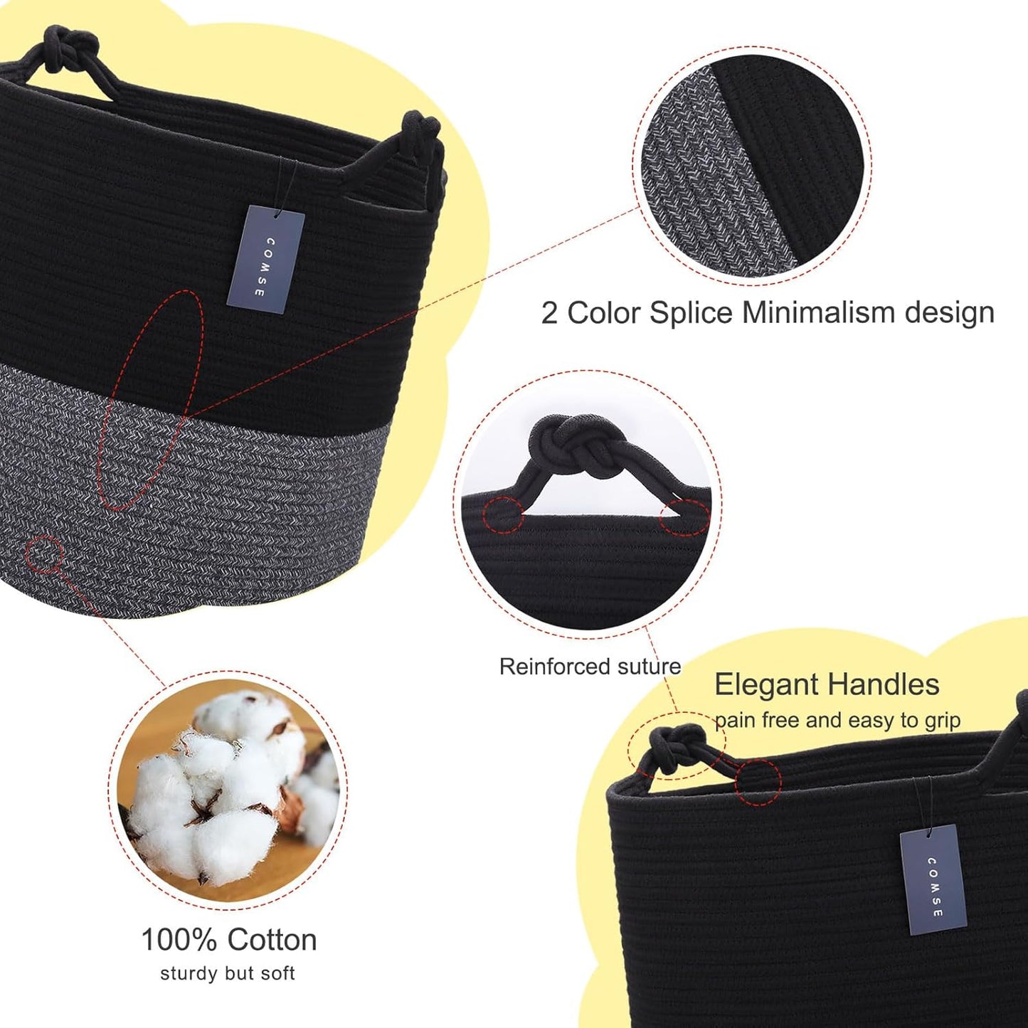 COMSE Extra Large Blanket Basket, Tall Woven Storage Basket, Nursery Hamper, 15.7”x 21.7”, Cotton Rope Laundry Hamper for Toys Clothes Towels, Black