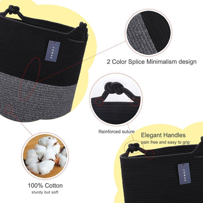 COMSE Extra Large Blanket Basket, Tall Woven Storage Basket, Nursery Hamper, 15.7”x 21.7”, Cotton Rope Laundry Hamper for Toys Clothes Towels, Black