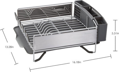 KitchenAid Compact Space Saving, Dish Rack with Removable Flatware Caddy and Angled Self Draining Drainboard, Satin Gray, 15-Inch-by-13.25-Inch