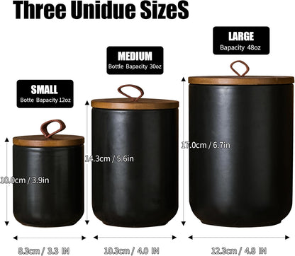 JOJUNO Black Ceramic Canister Set with Wooden Lid, 3-Piece Airtight Food Storage Jars for Kitchen Counter - Flour, Sugar, Coffee, Tea, Spice - Small, Medium, Large Sizes