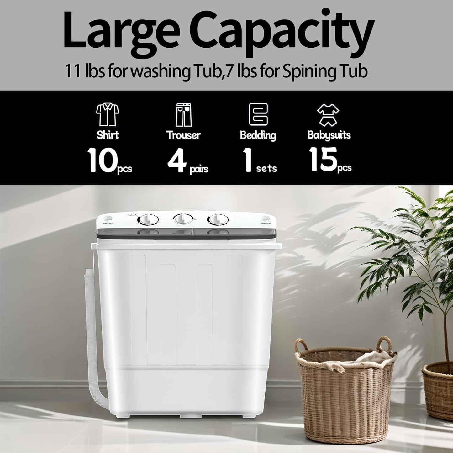 Portable Mini Twin Tub 18lbs Washing Machine With Drying Rack& 10 Hangers, 11lbs Washer & 7lbs Spinner, Small Laundry Washer with Time Control for Camping, Apartments, RV (18lbsBlack)