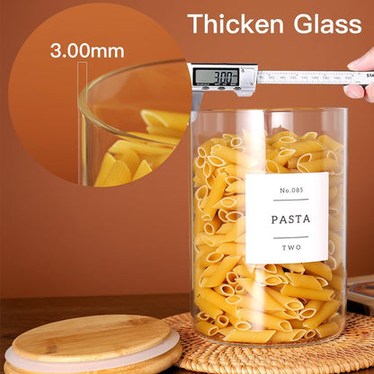 Set of 6 Glass Flour and Sugar jars with 132 Kitchen Pantry Labels - Thicken Large Glass Storage containers with Airtight Bamboo Lid - Glass Rice Canisters for Salt Coffee(100OZ/54OZ/27OZ)