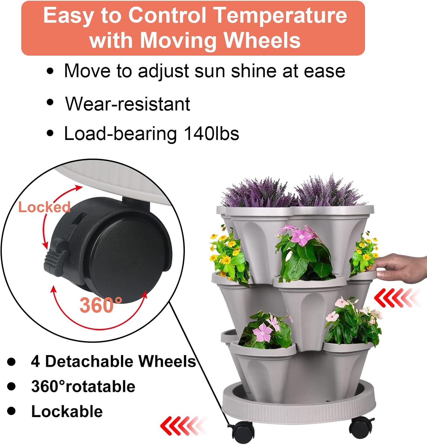 DUNCHATY Stackable Planter, Vertical Garden Planter with Wheels and Tools, Self Watering Strawberry Planter Indoor/Outdoor 3 Tier Herb Planter Pots for Growing Vegetables and Succulents,Gray