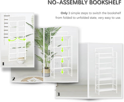 4NM No Assembly Foldable Bookshelf, 4-Shelf Collapsible Bookcase Storage for Small Spaces, 54" H, All White