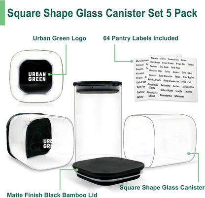 Urban Green Glass Jars with Black Bamboo Lids, food storage sets with airtight black lids, Glass Canisters Sets, Kitchen Organizing Jars (5 Sets of 27oz, 38oz, 66oz)