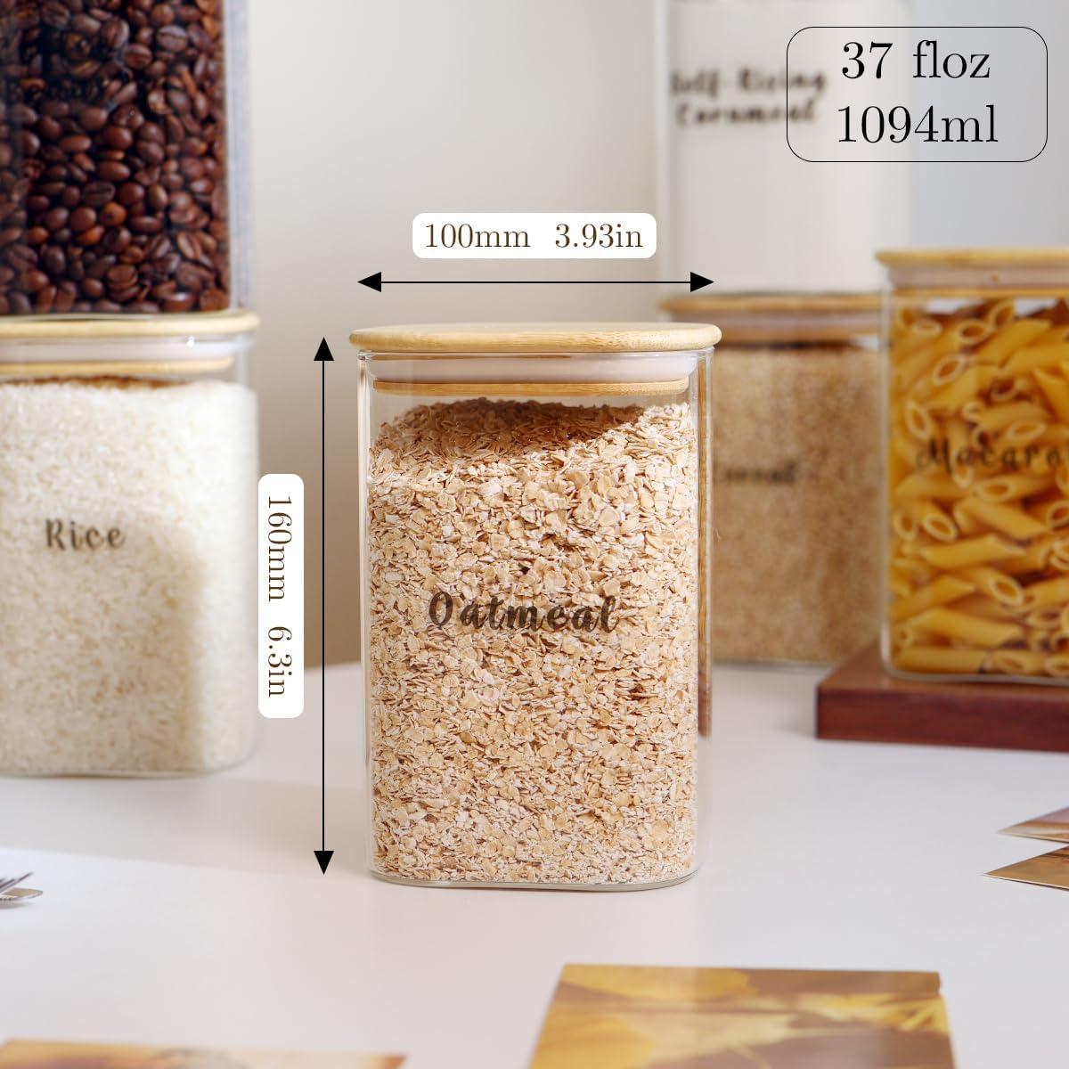 6 Pcs Square Glass Pantry Storage Containers with Bamboo Airtight Lid and 248 Clear Pantry Labels Preprinted - 37oz Thicken Glass Food Storage Jars for Coffee, Cookie, Tea, Sugar, Spice
