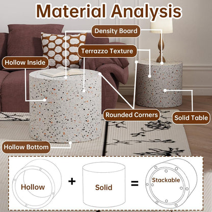 Round Nesting Coffee Table Set of 2 Modern Small Coffee Table Round End Table Small Side Table Circle Coffee Tables Circular Nested Coffee Tables for Living Room (Grey)