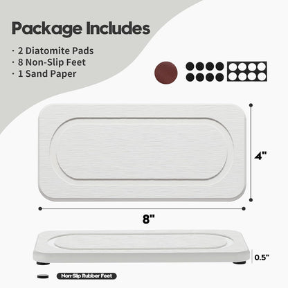 2Pack Water Absorbing Stone Tray for Sink, Diatomite Drying Coasters for Kitchen & Bathroom Counter, Kitchen Soap Dish Makeup Caddy, Dispenser Sponge Holder Space Organizer, White - 8"x 3.8"