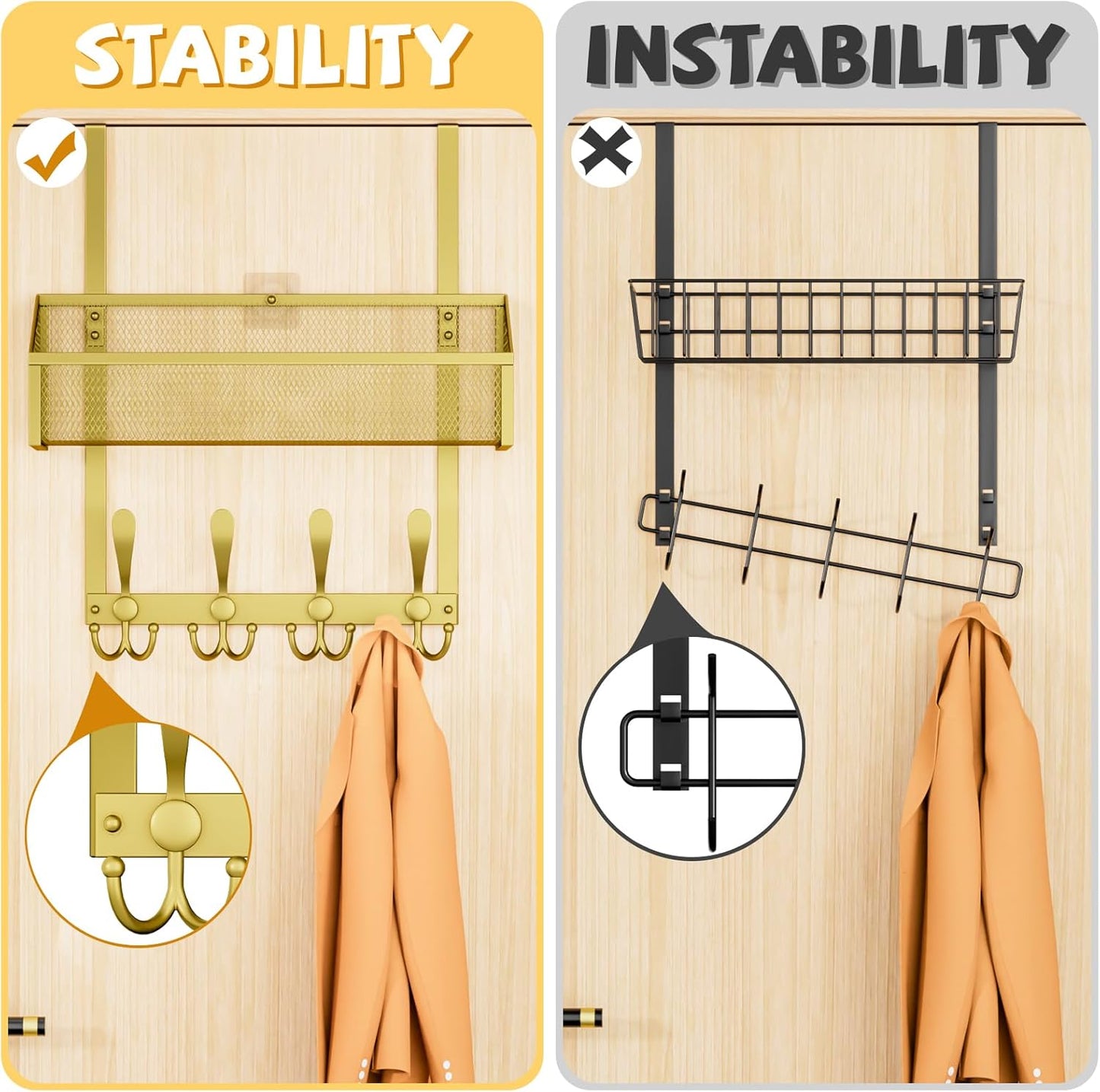 Over The Door Hooks Organizer, Coat Rack Over The Door Storage Hanger Towel Rack, Back of Storage Organizer for Bathroom,Bedroom,Kitchen,Office(Gold 2-Tier)
