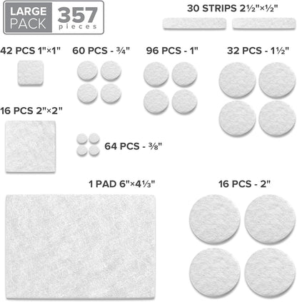 357 pcs White Felt Furniture Pads X-Protector! Huge Quantity of Furniture Pads for Hardwood Floors with Many Big Sizes – Your Ideal Wood Floor Protectors for Furniture. Protect Any Type of Hard Floor!
