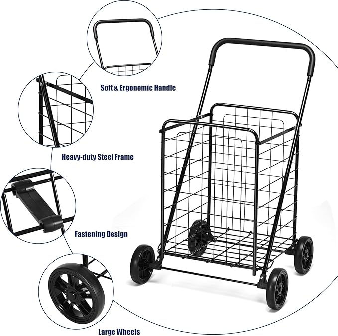 Goplus Shopping Carts for Groceries, Heavy Duty Folding Shopping Cart with Wheels, Portable Collapsible Grocery Cart, Light Weight Foldable Utility Cart for Laundry