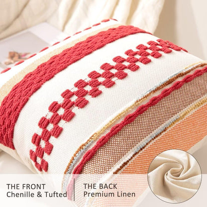 Boho Throw Pillow Covers 18x18 Set of 2 Christmas Decorative Cushion Case Striped Square Pillows Cover Chenille Pillow Cases Accent Neutral Pillowcase for Sofa Couch Bed,Red