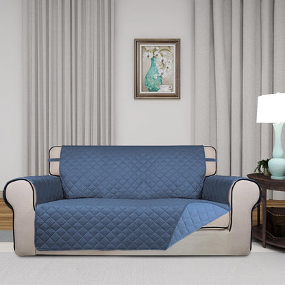 PureFit Reversible Quilted Sofa Cover, Water Resistant Slipcover Furniture Protector, Washable Couch Cover with Non Slip and Elastic Straps for Kids, Dogs (Oversized Loveseat, Dark Blue/Light Blue)