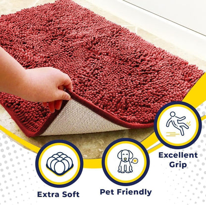 Muddy Mat® 4-Piece Red Medium 30"X19" AS-SEEN-ON-TV Highly Absorbent Microfiber Door Mat, Bath Mat and Pet Rug, Non Slip Thick Washable, Soft Chenille for Kitchen Bathroom Bedroom Indoor and Outdoor