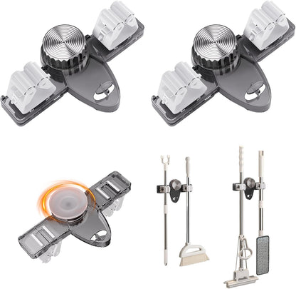 Mop and Broom Holder Wall Mount, No Punching Required Broom and Mop Organizer Wall Hanging with Hooks for Bathroom, Laundry Room, Garage, Kitchen,Garden Tool Organizer Storage (2pcs Gray)