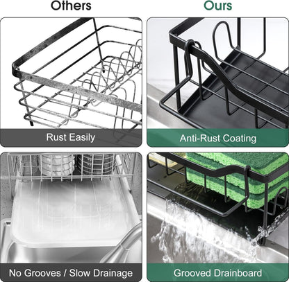 Sponge Holder for Kitchen Sink - Sink Caddy Organizer with Auto Drain Tray, Detachable Towel Rack, Stainless Steel Kitchen Counter Organizer Rack, Black