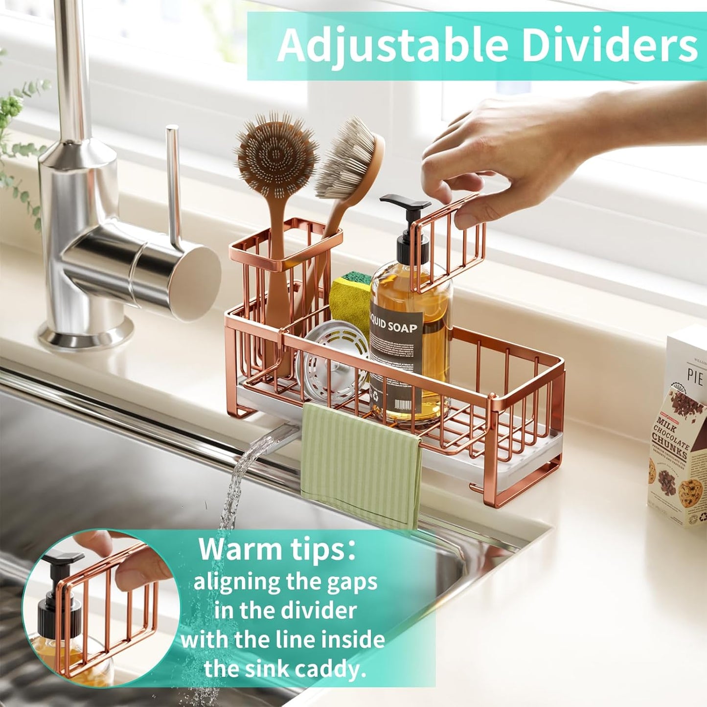 HapiRm Sponge Holder for Kitchen Sink - Self-draining Sink Caddy with Brush and Dishcloth Holders, Stainless Steel Kitchen Organizer for Countertop - Rose Gold