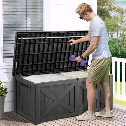 YITAHOME 120 Gallon Large Outdoor Storage Box with X-Shaped Front, Waterproof Resin Deck Box Cushion Storage Bench for Patio, Pool Supplies, Garden Tools - Lockable, Dark Gray