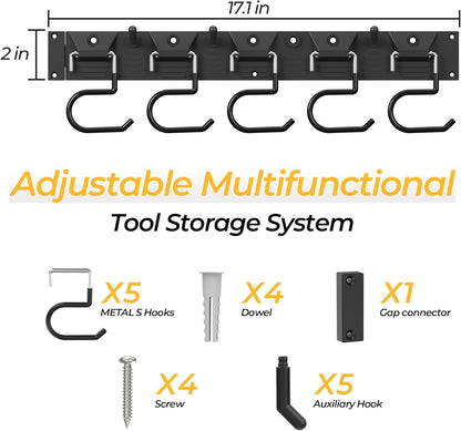 51 Inch Garden Tool Organizer Wall Mount with Non Slip Rubber Coated Metal Hooks, Storage Rack for Indoor/Outdoor Shovel, Rake, Mop and Broom Holder Wall Mount （ 15 Hooks+15 Holders