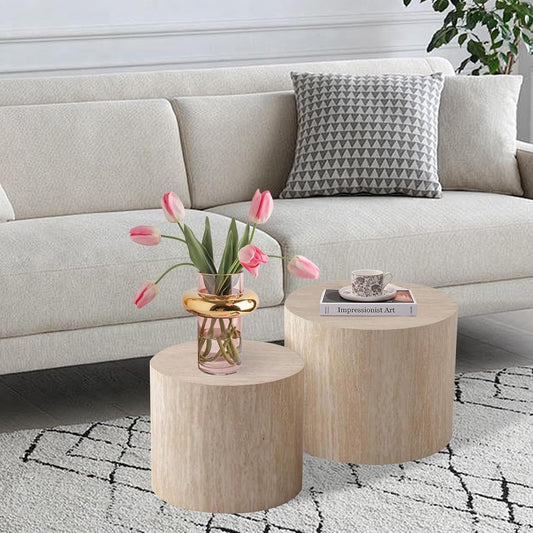 Nesting Coffee Table Set of 2 Modern Small Round Coffee Table and End Table Sets Wooden Drum Side Tables Circle Accent Center Tables for Living Room Apartment,No Assembly,Travertine