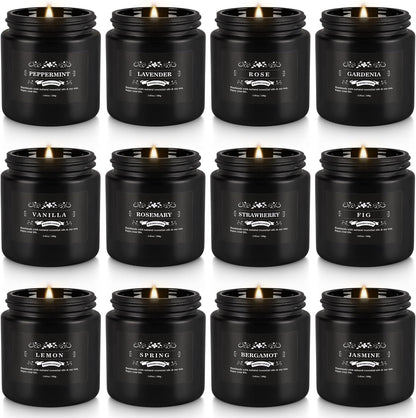 Scented Candle Set 12 Pack,Black, Candle for Home Scented, Odor Eliminating, Stress Relief, Long Lasting Soy Wax Gift Set