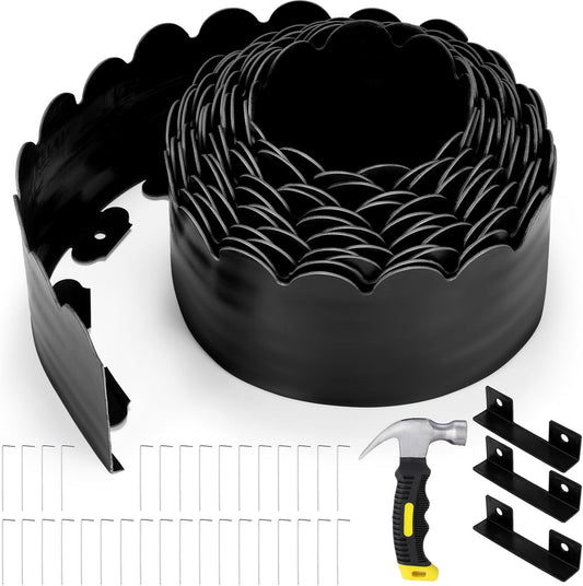 6 Inch Tall 33 ft Length No Dig Landscape Plastic Edging Kit with Hammer Spikes Plastic Garden Flower Bed Edging Landscape Edging Border for Gardens Border Lawn Grass Yard (Black,Wave)
