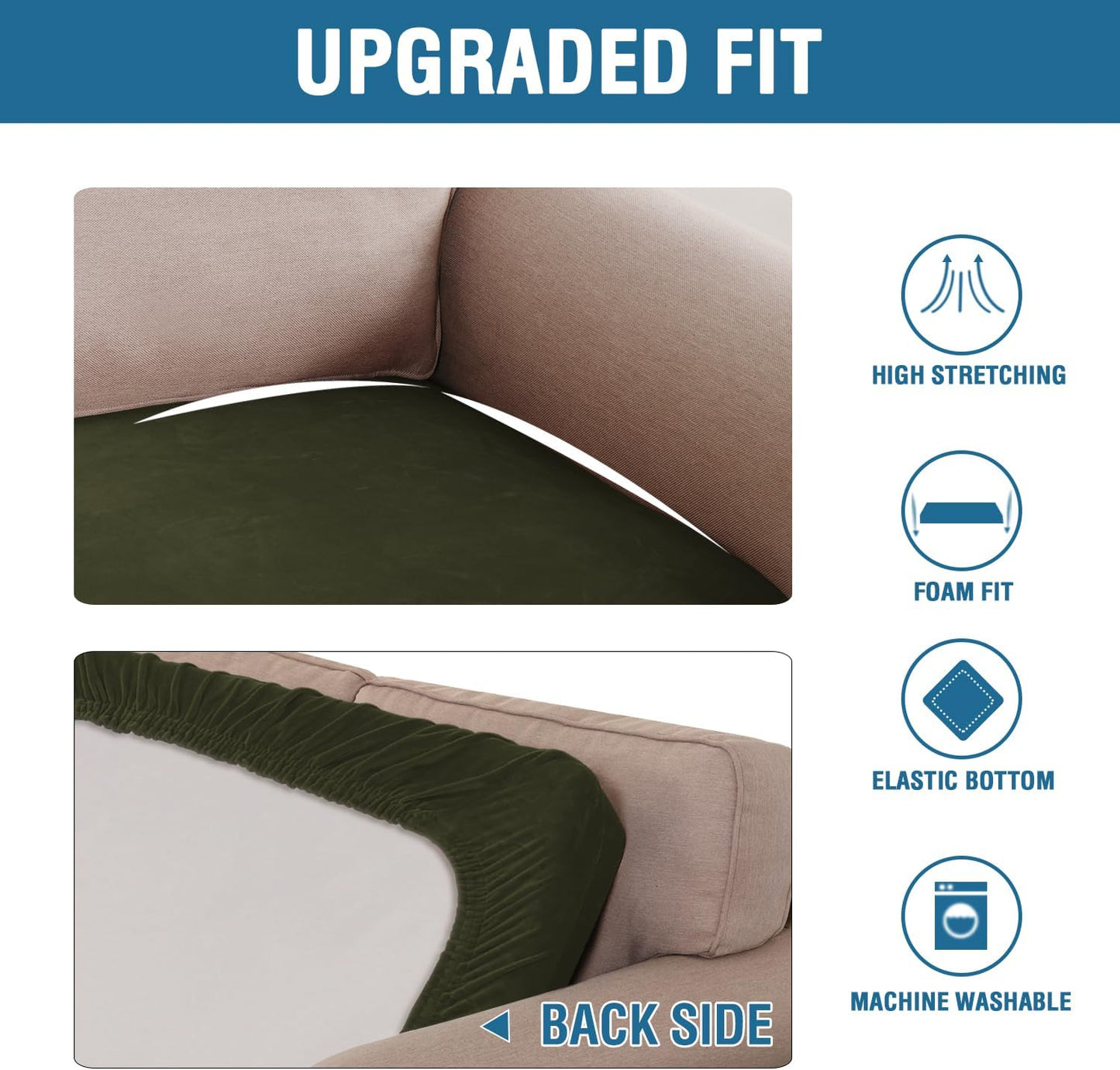 H.VERSAILTEX Velvet Stretch Individual Couch Cushion Cover Plush Cushion Slipcover for Loveseat Sofa Cushion Furniture Protector Seat Cushion Sofa Cover (1 Piece Sofa Cushion Cover, Olive)