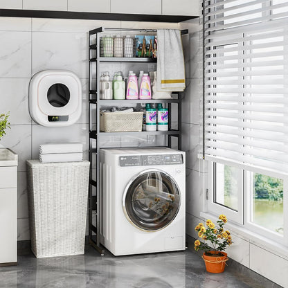 Dryer Storage Shel andf Over The Washer - Adjustable 4-Tier Heavy Duty Laundry Room Organizer, All Carbon Steel Standing Shelf with Hanging Rod, Anti-Tip Design, Super Stable 29.93" L x 11" D x 73" H
