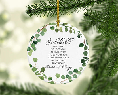 Andaz Press Round Ceramic Porcelain Christmas Tree Ornament Keepsake Collectible Gift, Godchild I Promise to Love You, Farmhouse Eucalyptus Wreath, 1-PackBaby Shower Baptism Christening Gift Ideas